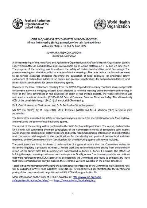Ninety-fifth meeting - Joint FAO/WHO Expert Committee on Food Additives (JECFA)