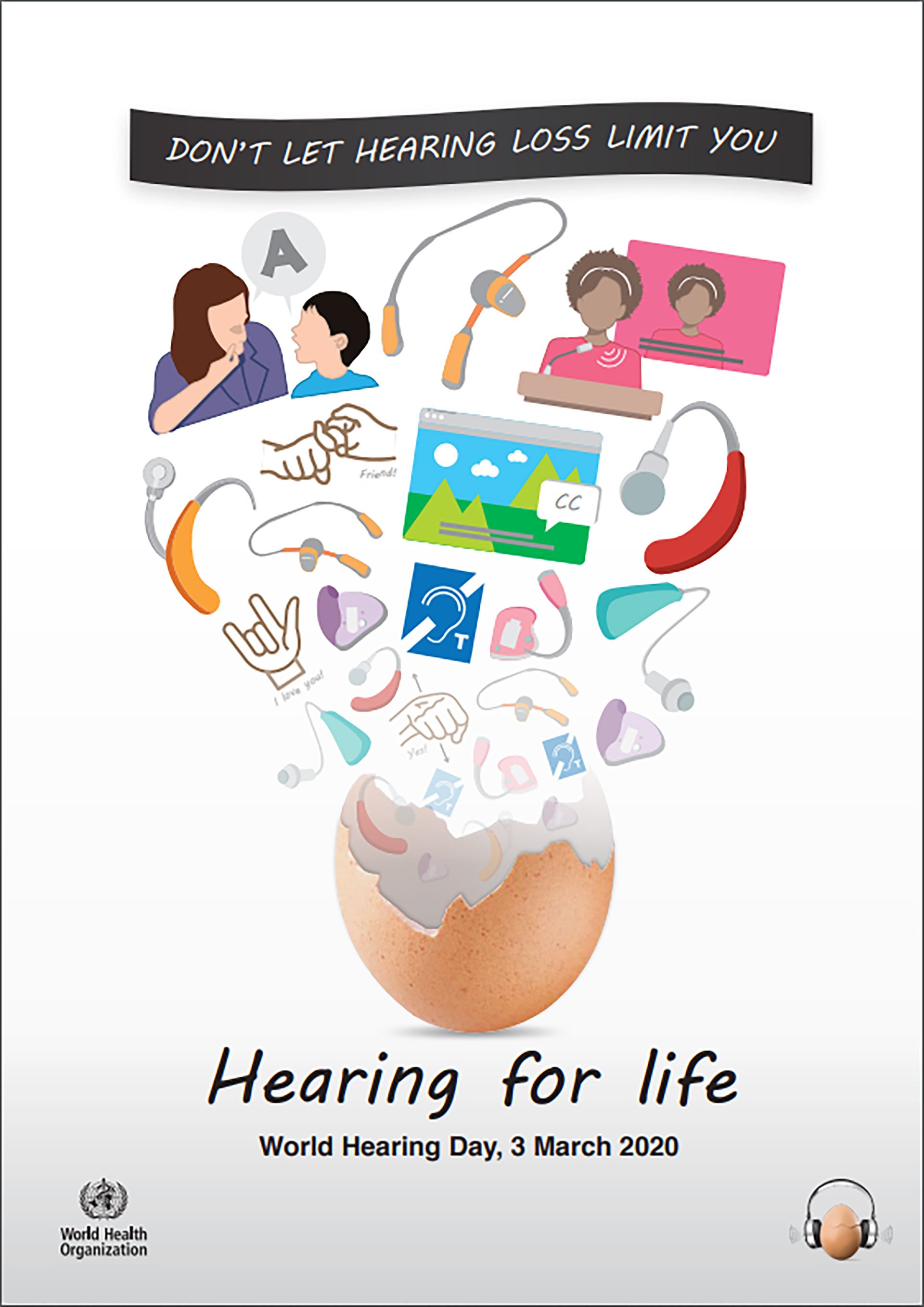 Announcement flyer for World Hearing Day 2020: Don't let hearing loss limit you, hearing for life